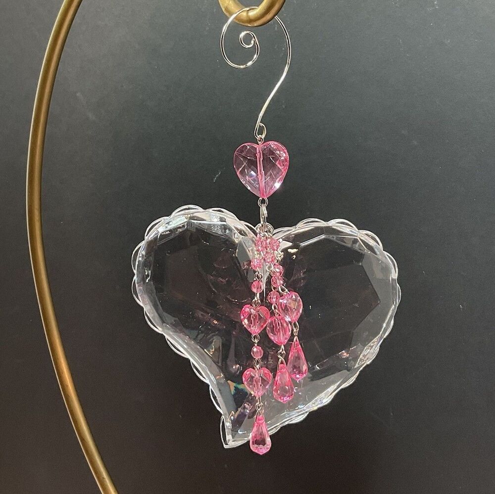 Heart Sun Catcher Clear Pink Beads Love Valentines Day Large Crystal Light